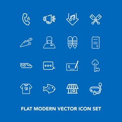 Modern, simple vector icon set on blue background with seafood, fish, boat, download, old, food, pen, home, music, mask, train, house, mobile, sign, cell, print, speaker, pay, technology, check icons