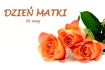 Dzień matki kartka z polskim tekstem DZIEŃ MATKI, róże na białym tle