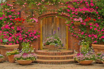 Fototapeta na wymiar Beautiful botany garden decorated with wooden doors with pink angela climbing rose ,pretty tiny flowers in the wooden pot and the hanging pot of geranium flowers in Uminonakamichi Park, Fukuoka, Japan