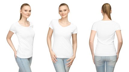 Set promo pose girl in blank white tshirt mockup design for print and concept template young woman in T-shirt front and side back view isolated white background