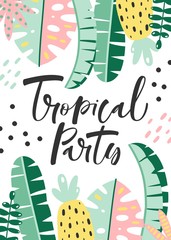 Tropical party poster with palm leaf and lettering.