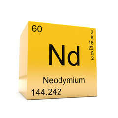 Neodymium chemical element symbol from the periodic table displayed on glossy yellow cube