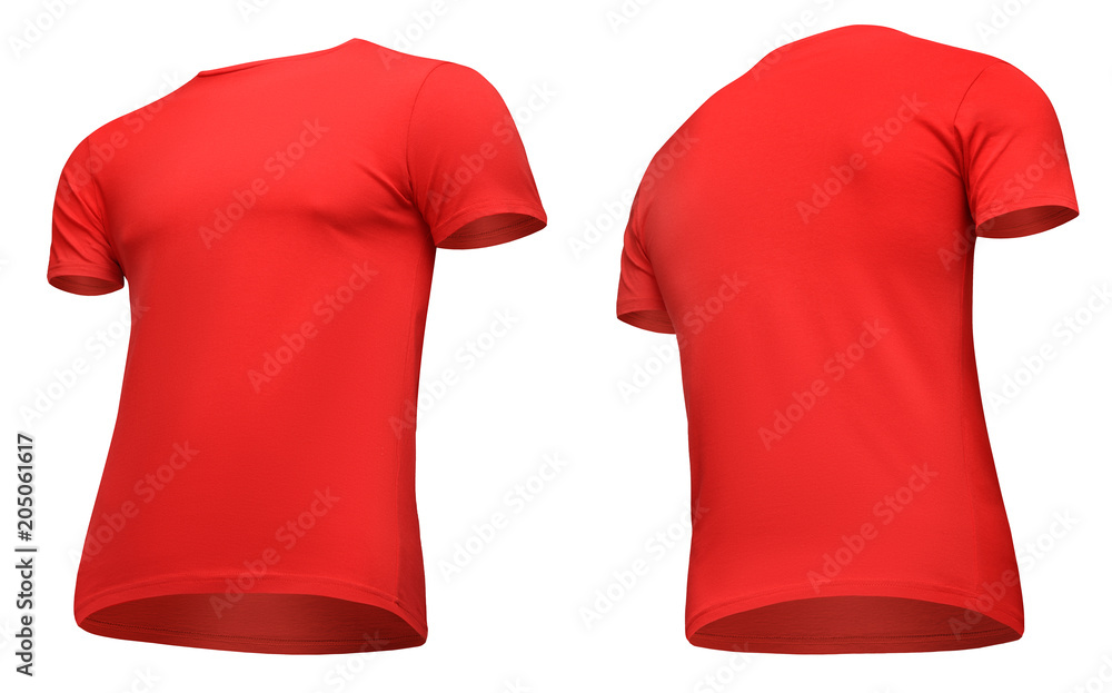 Wall mural Blank template men red t shirt short sleeve, front and back view half turn bottom-up, isolated on white background. Mockup concept tshirt for design and print - Wall murals