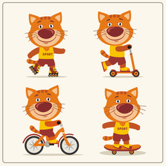 Set of isolated funny kitten cat on bike, skateboard, scooter and roller skates.