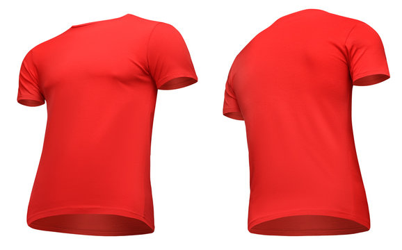 Blank Template Men Red T Shirt Short Sleeve, Front And Back View Half Turn Bottom-up, Isolated On White Background. Mockup Concept Tshirt For Design And Print
