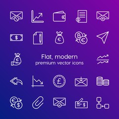 Modern Simple Set of money, charts, email Vector outline Icons. Contains such Icons as business,  payment,  leather,  select,  currency,  and more on gradient background. Fully Editable. Pixel Perfect