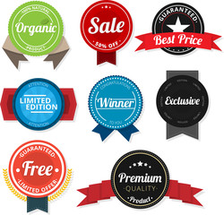 Product quality and shopping labels isolated on white.