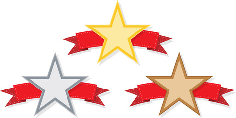 Gold, silver, bronze stars isolated on white.