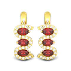 3D illustration isolated gold diamond red ruby earrings with hinged lock with shadow