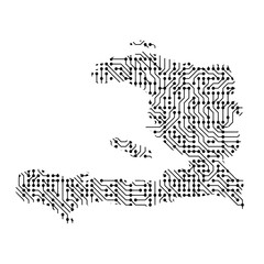 Abstract schematic map of Haiti from the black printed board, chip and radio component. Computer electronics processor motherboard. Vector illustration.