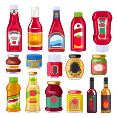 Sauces and dressings bottles set.