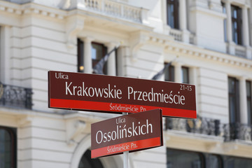 A sign with the name of the streets in Warsaw.