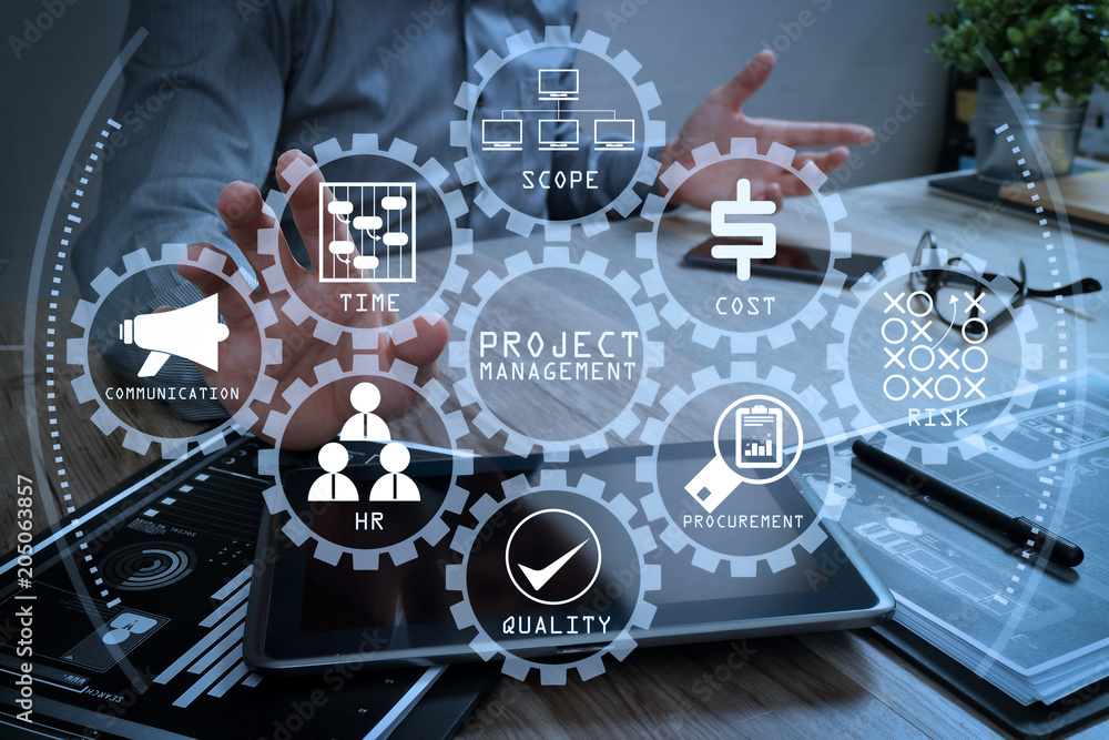 Poster businessman working with digital tablet computer and smart phone and laptop computer with financial 