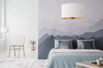 Mountain wallpaper in bedroom interior