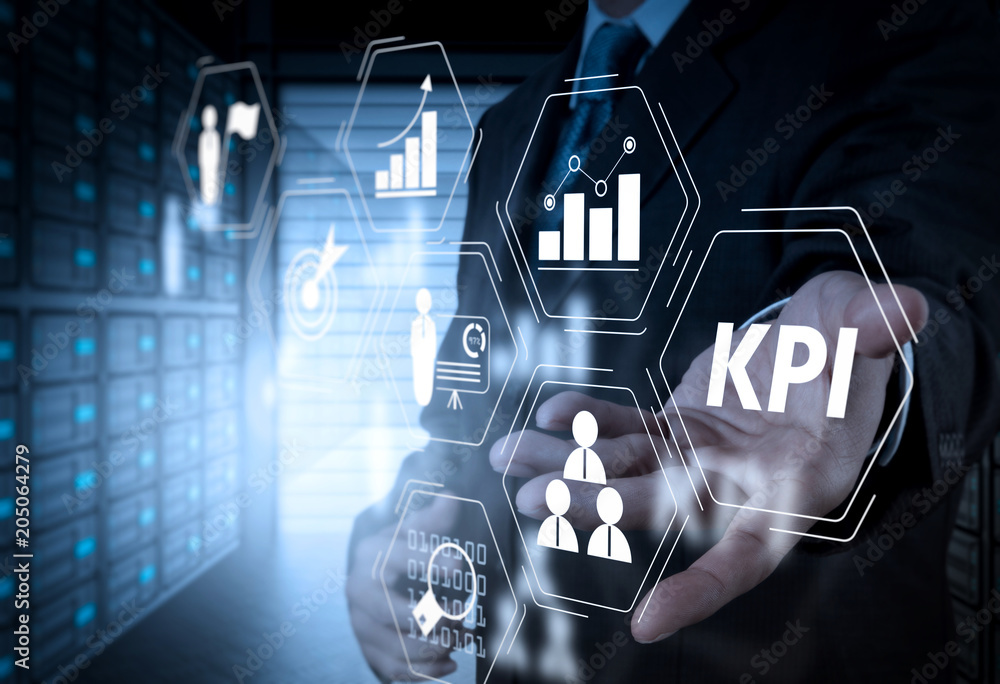 Poster key performance indicator (kpi) workinng with business intelligence (bi) metrics to measure achievem