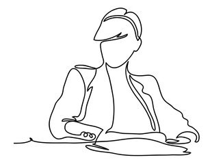 Businesswoman sitting at her workplace in office. Business concept illustration. Continuous line drawing. Isolated on the white background. Vector illustration monochrome