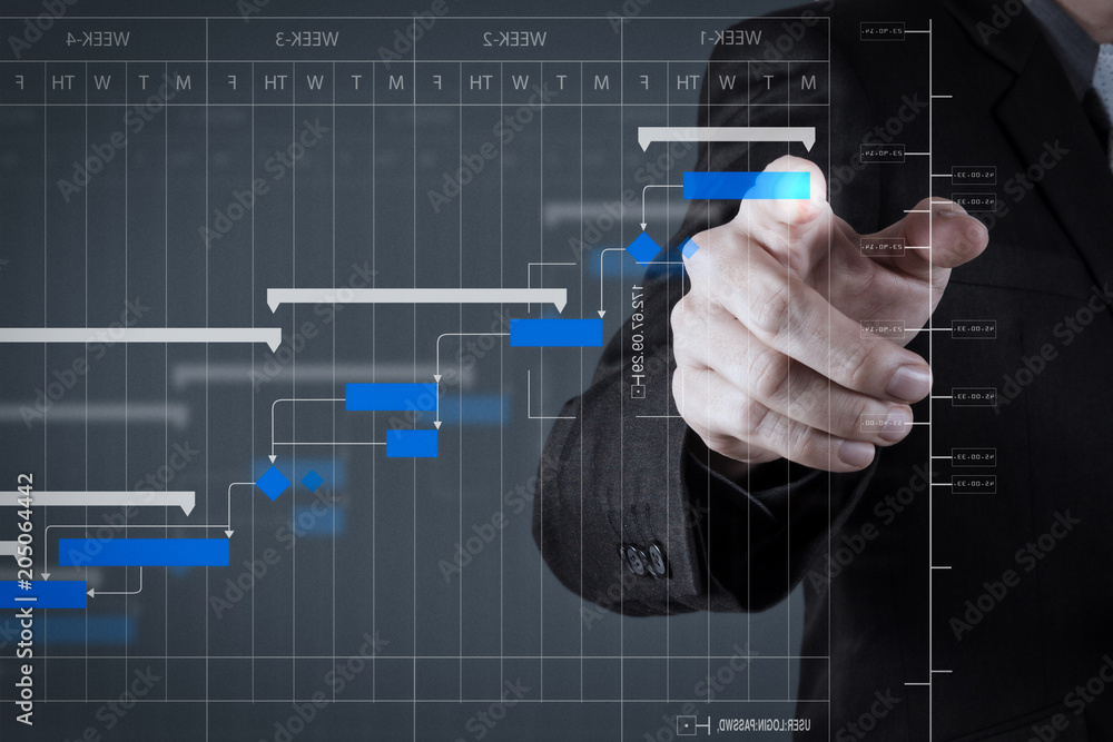 Poster Project manager working and update tasks with milestones progress planning and Gantt chart scheduling diagram.