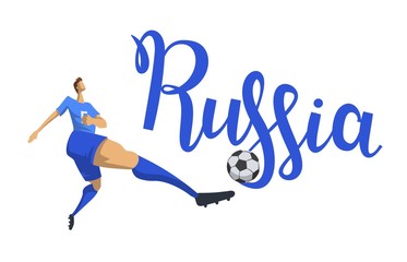 Plakat Football and Russia. Player kicking a ball on Russia lettering background. Flat vector illustration. Isolated on white background.