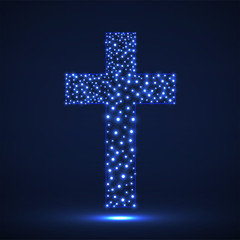 Abstract cross of glowing particles, christian symbol, abstract sign