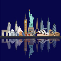Blue travel background with worldwide sights.