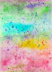 Creative texture for design. Vibrant hand painted watercolor background. Handmade overlay. Decorative chaotic colorful textured paper. Hand drawn bright artistic painting with blots.