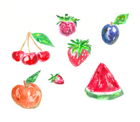 Set of hand drawn elements for design. Cherries, watermelon, plum, peach, strawberry and raspberries. Drawing by colored pastel crayons.