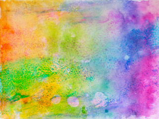 Creative texture for design. Vibrant hand painted watercolor background. Handmade overlay. Decorative chaotic colorful textured paper. Hand drawn bright artistic painting with blots.