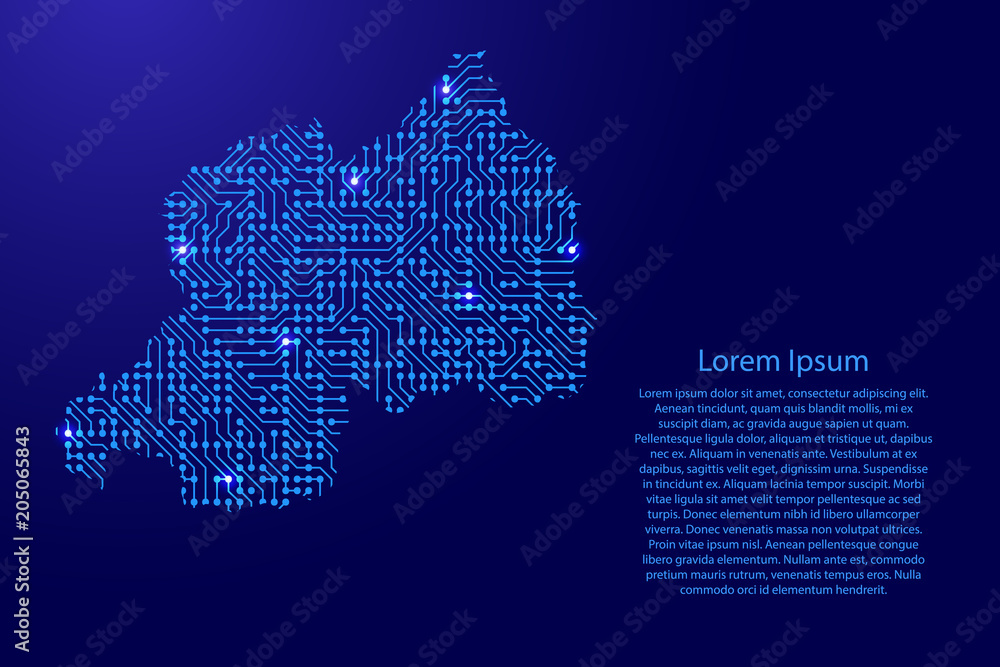 Fototapete map rwanda from printed board, chip and radio component with blue star space on the contour for bann
