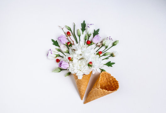 Lovely leaves flower in ice cream cone on white background.