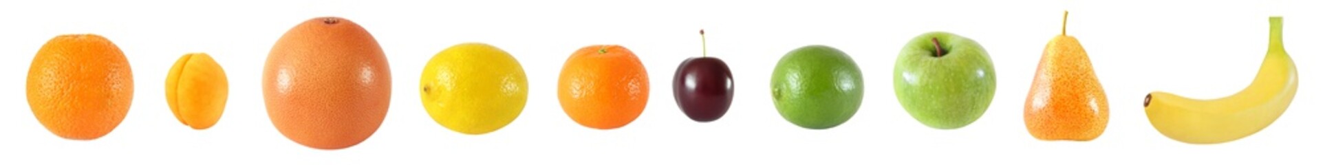 A set of ten different whole fruits. Citrus grapefruit, orange, lemon, tangerine, lime. Apricot, plum, Apple, pear, banana. Isolated on white background with clipping, path.
