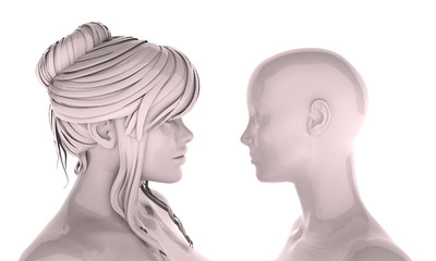 Two women's heads opposite each other