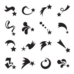 Collection of 16 shooting star icons isolated on a white background. Vector illustration