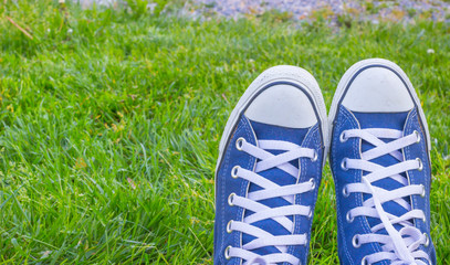 Youth sneakers, shoes on green grass during sunny serene summer day, Blue classic sneakers on green grass in the garden.