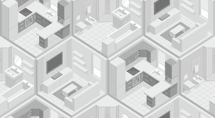 Seamless pattern with isometric living room, kitchen, bathroom