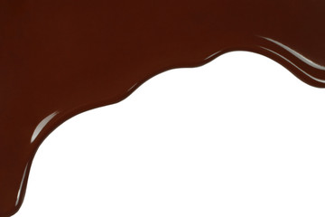 Melted chocolate dripping on white background