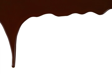 Melted chocolate dripping on white background