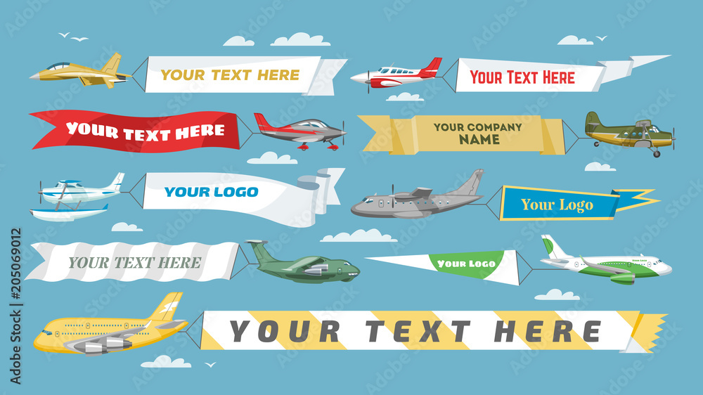 Wall mural plane banner vector airplane or aircraft with blank message advertisement and text template ad in il