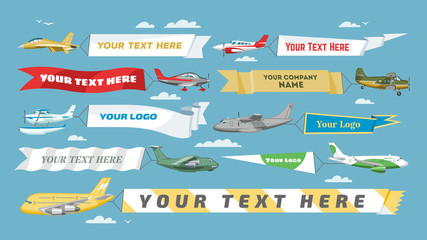 Plane banner vector airplane or aircraft with blank message advertisement and text template ad in illustration set of aeroplane or airliner advertising in sky isolated on background - 205069012