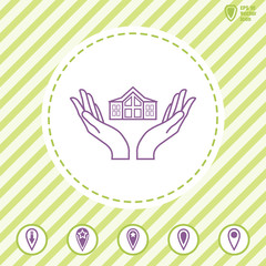 House in hand line vector icon.