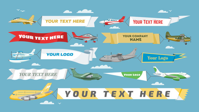 Plane Banner Vector Airplane Or Aircraft With Blank Message Advertisement And Text Template Ad In Illustration Set Of Aeroplane Or Airliner Advertising In Sky Isolated On Background
