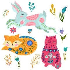 Folk set vector colorful illustration with beautiful fox, cats, rabbits and flowers. Animals in scandinavian style.