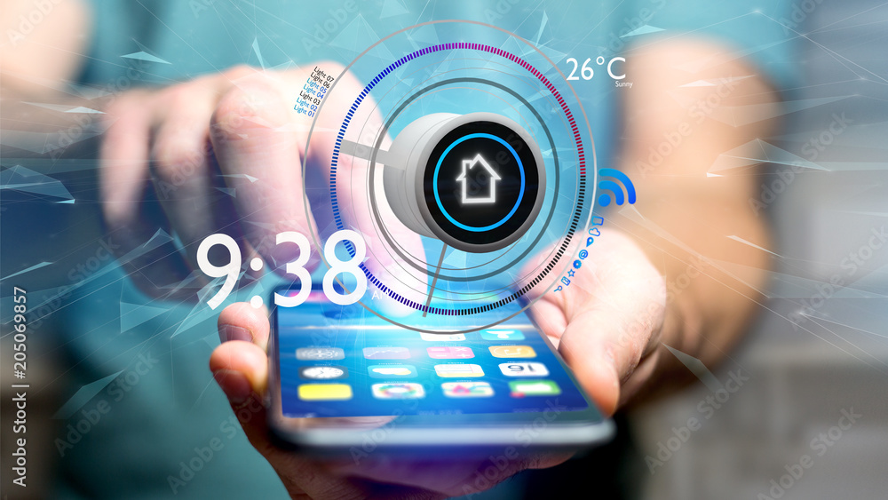 Poster businessman holding a button of a smart home automation app over a smartphone- 3d rendering