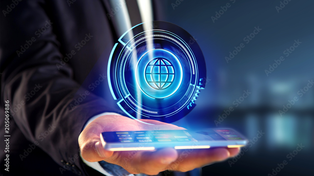 Poster businessman using a smartphone with a shinny technologic globe button - 3d render