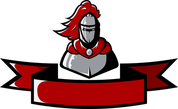 Medieval knight above a red ribbon on a white background