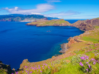 Beautiful landscape over the coastline of Ponta de Sao area on Madeira island, Portugal