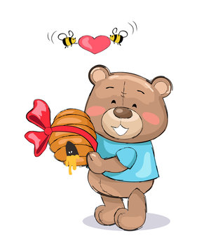 Male Teddy Bear in Blue T-shirt Holding Hive Honey