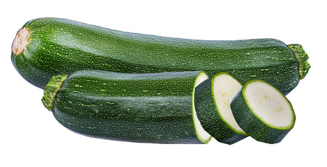 Fresh green zucchin with leaf and flower isolated on white background with clipping path