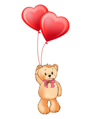 Funny Bear with Bow on Neck Flies on Balloons