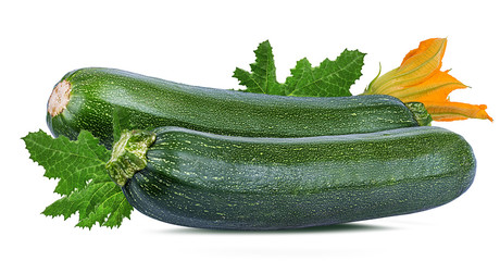 Fresh green zucchin with leaf and flower isolated on white background with clipping path