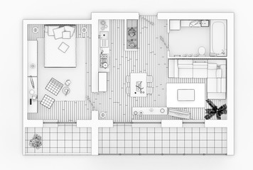 Line drawing floor plan on a white background, Mock up of furnished home apartment